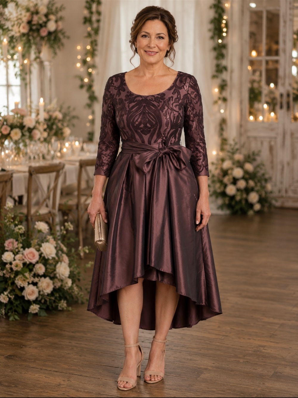 R&M Richards Plum Lace High-Low Dress with Waist Bow